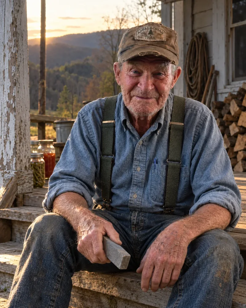 Arlie seated on the porch steps at Rockhouse Creek at golden hour, a whetstone in his hand, canning jars and split firewood behind him.