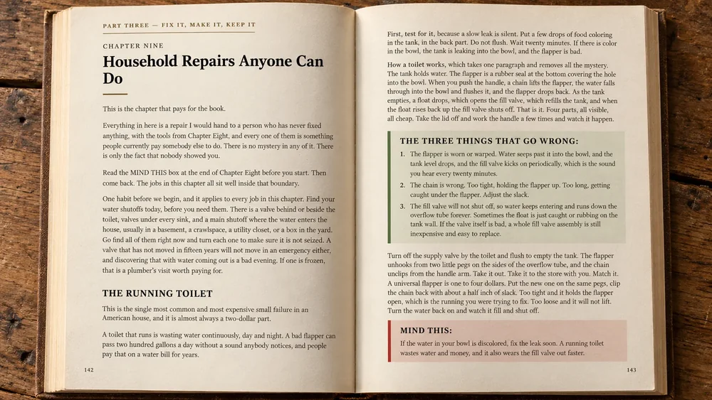 A two-page spread from inside the manual, showing a chapter opening beside a page carrying a cost-comparison box.