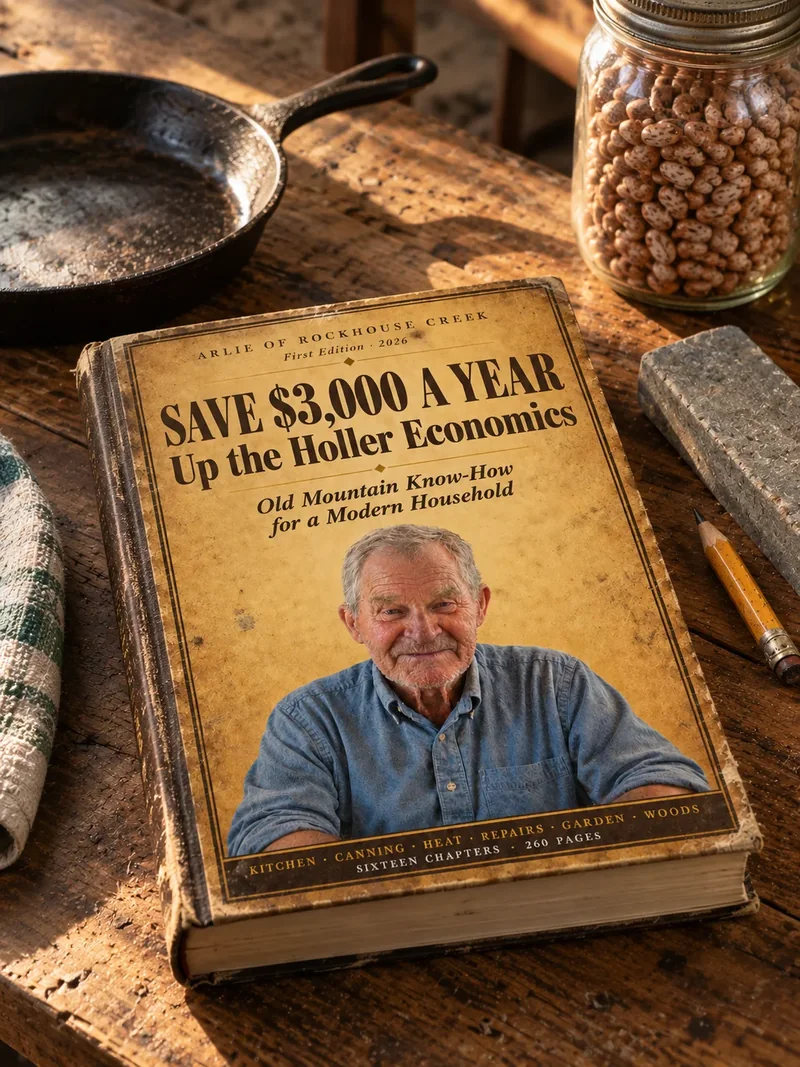 The manual lying on a worn wooden table beside a cast iron skillet, a jar of dried pinto beans and a whetstone.